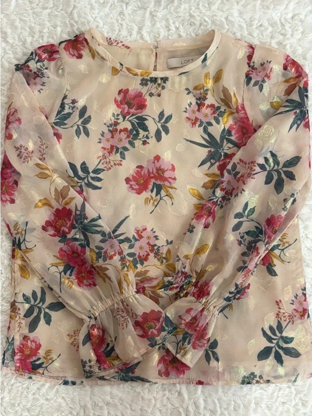 LOFT Cream Sheer Floral Blouse with Pink & Gold Accents